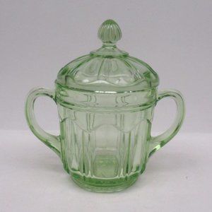 Hocking Green COLONIAL Knife and Fork Two-Handled Sugar Bowl with Lid